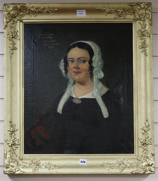 Victorian School, oil on canvas, Portrait of Mrs Beaton Sudeley of Winchcombe, Gloucestershire 1871, 59 x 48cm